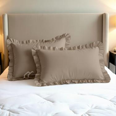 Imagem de Ambition Home Capas de travesseiro com babados 50,8 cm x 66 cm, conjunto de 2 com fecho de zíper, fronhas decorativas com babados, 100% algodão egípcio, cinza-acinzentado