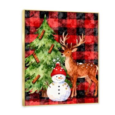 Imagem de NHLDZYH Moldura dourada. Imagem de Natal retrô country pintura em tela com padrão xadrez vermelho preto cores suaves country aconchegante decoração de Natal. A24. 50 x 65 cm