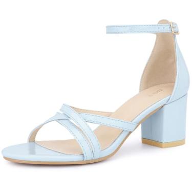 Imagem de Allegra K Sandália feminina de salto grosso, tira no tornozelo, bico redondo, Azul claro, 40