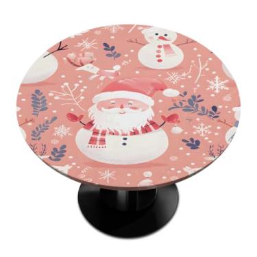 Imagem de Toalha de mesa redonda com borda elástica, boneco de neve, rosa, árvore de Natal, toalha de mesa redonda para decoração de festivais de 114 a 127 cm