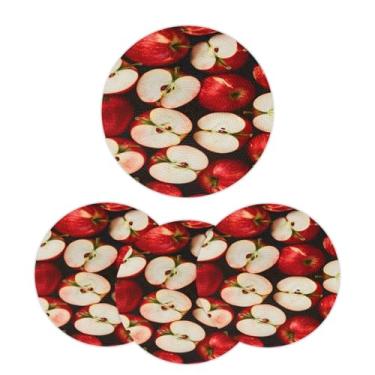 Imagem de Jogo americano redondo trançado de 32 cm, conjunto de 4 tapetes laváveis de fruta, maçã, círculo, vermelho, realista, resistente ao calor, para cozinha, mesa de jantar, festa de casamento, decoração