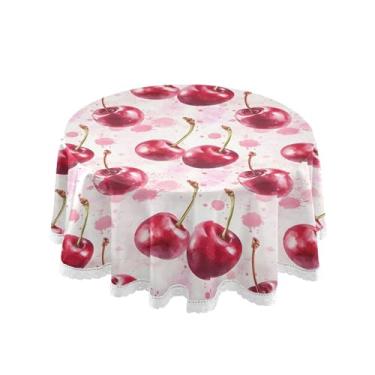 Imagem de SEHANY Toalha de mesa redonda em aquarela cereja 152 cm, tecido lavável sem rugas, toalha de mesa redonda com renda decorativa para restaurante, casamento, acampamento, festa de cinco de maio
