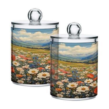 Imagem de ATTX Dispensador vintage para pintura a óleo de flores silvestres para bola de algodão, cotonete, frasco de boticário de plástico transparente, pote de armazenamento de cozinha para decoração de casa