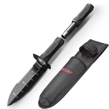 Imagem de PANCKY Pá detector de metais com alça estendida e bainha de transporte, ferramenta de escavação de detecção de metal de borda dupla serrilhada resistente, espátula de escavação para jardinagem,