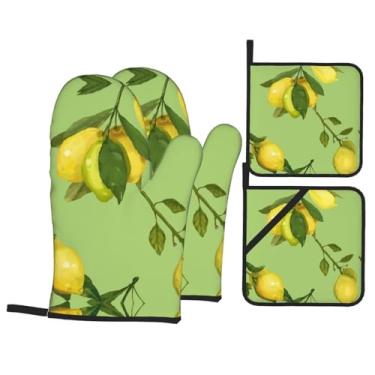 Imagem de Lemon - Conjunto de luvas de cozinha com suportes de tampa, luvas de forno resistentes ao calor para manusear panelas quentes, grelhar, churrascos, kit de 4 peças.