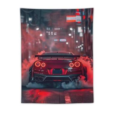 Imagem de HouLaiZhe JDM Tapeçaria de carro vermelho esportes R34 Drift carro pendurado na parede quarto decoração de casa tapeçarias estética piquenique decoração de parede arte de parede para dormitório sala