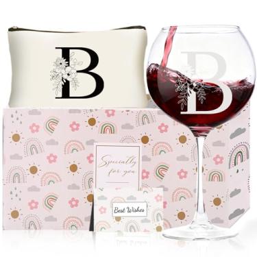Imagem de Presentes de Natal para mulheres, taças de vinho com monograma com bolsa de maquiagem, presentes exclusivos de elefante branco de casamento para mãe, pai, irmã, professora, esposa, marido (B)