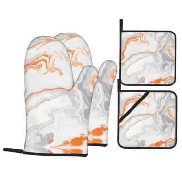Imagem de Conjunto de luvas de cozimento de cobre de textura de mármore com suportes de tampa, luvas de forno resistentes ao calor para lidar com panelas quentes, grelhar, churrascos, kit de 4 peças.
