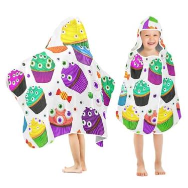 Imagem de Burbuja Toalha de banho com capuz de cupcakes coloridos de Halloween para crianças, toalha de praia de pelúcia macia absorvente para meninas e meninos 3-10 anos, 61 x 127 cm