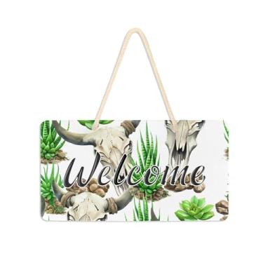 Imagem de Burbuja Placa de boas-vindas com caveiras de vaca para porta da frente, placa de boas-vindas de PVC para decoração de férias, 15 x 28 cm