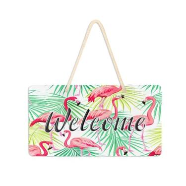 Imagem de Burbuja Placa de boas-vindas de folhas tropicais flamingos para porta da frente, placa de boas-vindas de PVC para decoração de férias de casa de fazenda, 15 x 28 cm