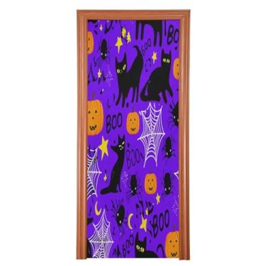 Imagem de Qilmy Decoração de porta de Halloween 89 x 200 cm tecido grande placa de decoração de festa de Halloween para porta da frente Halloween preto gato e abóbora varanda decoração externa parede de janela