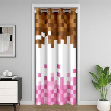 Imagem de Manfei Cortina de entrada com tema pixelado, cortina de porta de grade geométrica para decoração de quarto, cortinas de entrada de gamepad de videogame, rosa, branco, marrom, blecaute, 1 painel 86 cm