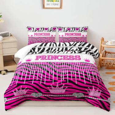 Imagem de AILONEN Conjunto de edredom de princesa rosa choque com 2 fronhas, conjunto de cama com listras de zebra, 3 peças para meninas, coroa de glitter e conjunto de colcha de coração para decoração de casa