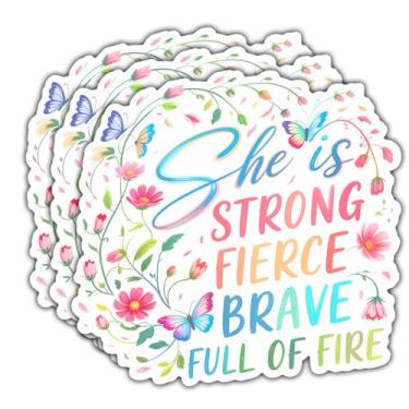 Imagem de Adesivos de vinil impermeáveis com citação feminista inspiradora She is Strong Fierce Brave Full of Fire para mulheres, meninas, enfermeiros, professores, laptop, garrafa de água, caderno (normal, 7,6