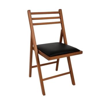 Imagem de Cadeira Dobrável em Madeira Cor Castanho com Assento Estofado e Encosto Palito Preebel Courino Preto - Castanho