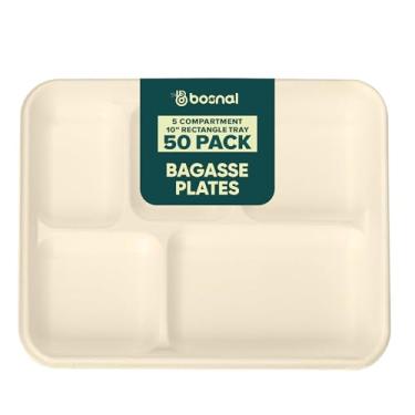 Imagem de BOSNAL Bandejas de alimentos compostáveis com 5 compartimentos – pacote com 50, bagaço de cana 100% vegetal, bandejas de almoço descartáveis ecológicas para refeições quentes e frias, seguras para