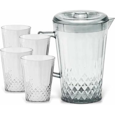 Imagem de Conjunto Jarra 2000ml com Tampa e 4 Copos 270ml, Acrílico Transparente, Textura Cristal, 25cm Altura