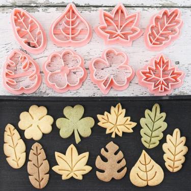 Imagem de 8 peças de mini carimbos de bolachas, molde de um toque, cortadores de biscoito com design elevado em 3D, adequados para decoração de glacê tropical, outono, ação de graças, férias e festas (folha)