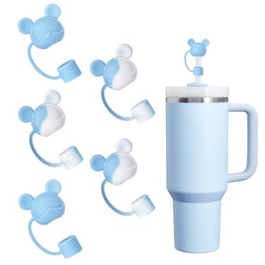Imagem de SEEZIZI 5 peças de tampas de palha de urso compatíveis com copos Stanley de 30 e 1,134 g, tampas de canudo de silicone fofas reutilizáveis para canudos StanleyCups de 10 mm Acessórios - azul e branco