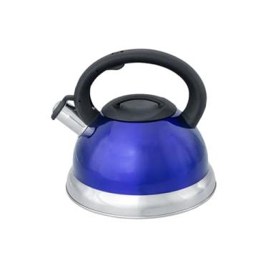 Imagem de Chaleira INOX Azul com Apito, 3 Litros, Fundo Duplo para Fogão de Indução, Gás e Elétrico, 22,5 x 21,5 x 21 cm, Acabamento em Aço Escovado