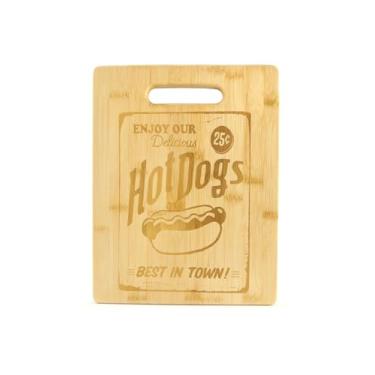 Imagem de Placa de corte vintage de cachorro-quente de bambu com alça, design retrô de jantar, tábua de servir de cozinha