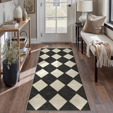 Imagem de PureCozy Tapete quadriculado para corredores, preto, lavável, tapete antiderrapante de pelo baixo boho para entrada, cozinha, quarto, sala de jantar, lavanderia