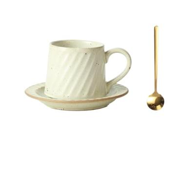Imagem de Caneca de chá Caneca de cerâmica listrada retrô latte simples europeia xícara café servido à mão com pires e colher Xícaras de café