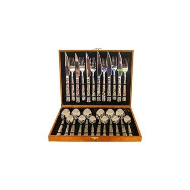 Imagem de Conjunto de Talheres 24 Peças em Aço Inoxidável com Maleta Marrom, Acabamento Espelhado, 6 Colheres de Mesa, 6 Garfos, 6 Facas, 6 Colheres de Sobremesa