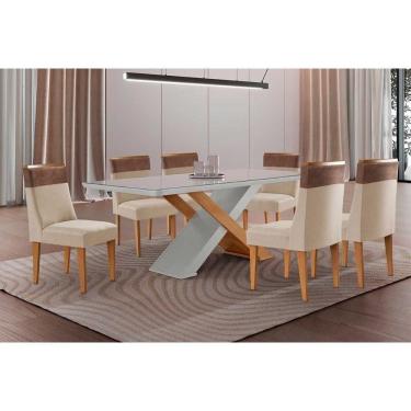 Imagem de Sala Jantar Mesa Imperatriz Tampo c/ Vidro Curvo 180cm+6 Cadeiras Jaspe Madeira Naturale/Off White - Capuccino/Suede Creme - Rufato