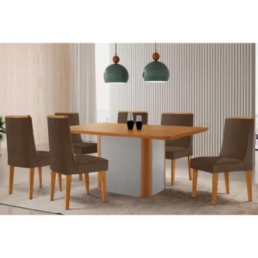 Imagem de Sala Jantar Mesa Pietá Tampo Curvo 180cm+6 Cadeiras Dakota Madeira Naturale/Off White - Capuccino/Suede Marrom - Rufato