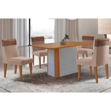 Imagem de Sala Jantar Mesa Pietá Tampo Curvo 120cm+4 Cadeiras Jaspe Madeira Naturale/Off White - Capuccino/Suede Capuccino - Rufato