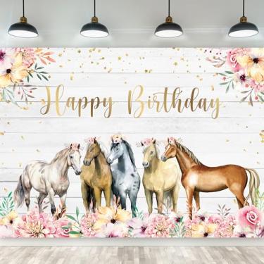 Imagem de Riyidecor Pano de fundo de cavalo feliz aniversário para meninas mulheres 17 L x 13 cm A tecido de poliéster rústico vaqueira ocidental aquarela floral fotografia fundo de mesa de madeira banner