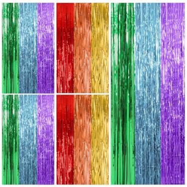 Imagem de Pacote com 5 decorações de festa arco-íris cortina de tinsel cortina de festa com franja de alumínio decorações de aniversário cabine de fotos tema colorido primeiro dia de escola noivado decoração de