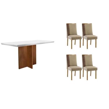 Imagem de Conjunto Sala de Jantar Berlim c/ Tampo Madeirado c/ Vidro Canto Curvo 120x80cm e 4 Cadeiras Tilia Madeira Maciça Naturale/Off White - Capuccino/Suede