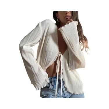 Imagem de Camisa Cardigan Feminina Com Mangas Longas Plissadas E Decote Em V, Ca