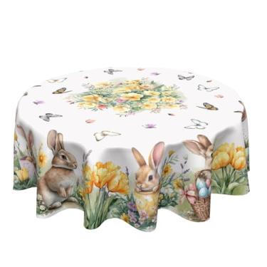 Imagem de Vrysenium Toalha de mesa redonda de Páscoa de 152 cm, aquarela de coelho, ovos, borboleta, círculo, coelhos, flores, toalha de mesa para decoração de casa, sala de jantar, cozinha, festa, piquenique