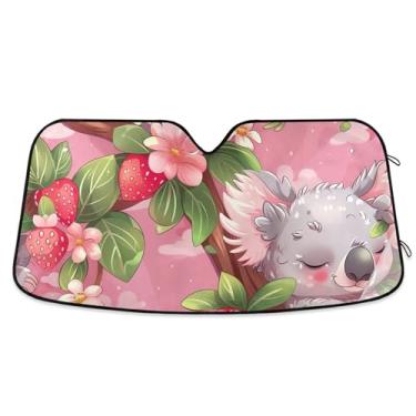 Imagem de Guarda-sol personalizado fofo coala vermelho morango para para-brisa de carro engraçado universal dobrável acessórios de carro persianas para-brisa frontal L, 144.8 cm x 80.0 cm