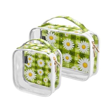 Imagem de GAIGEO Conjunto de bolsa de higiene pessoal transparente preto e branco, bolsa de higiene pessoal transparente, acessórios de viagem, pacote com 2, Tabuleiro de xadrez verde com margaridas brancas-1