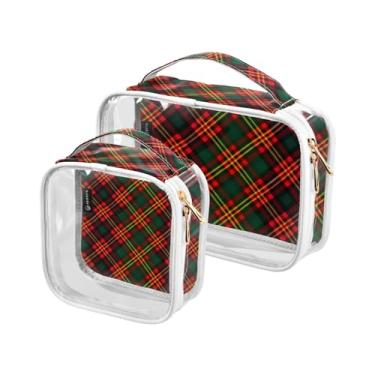 Imagem de GAIGEO Saco de tolietria de plástico transparente de Natal Papai Noel em azul, bolsa de higiene pessoal para carro, bolsa de higiene de viagem para mulheres, pacote com 2, Tartan xadrez vermelho