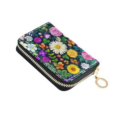 Imagem de Carteiras femininas Scan Proof de couro com bloqueio de RFID para cartões de crédito flores silvestres azul marinho escuro para viagem com bolso para moedas