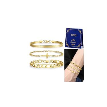 Imagem de QINJIEJIE Pulseira masculina de aço inoxidável para homens, corrente cruzada, conjunto de pulseiras de elos cubanos, joias cruzadas, presentes religiosos cristãos para homens, presentes de Dia dos