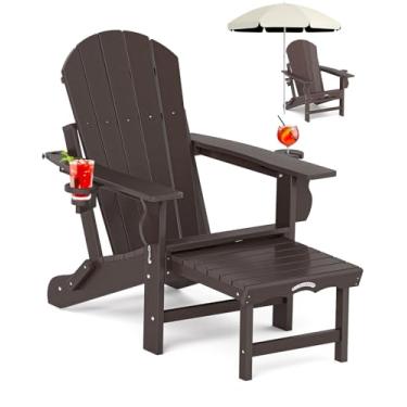 Imagem de CLOUDEEP Cadeira dobrável Adirondack com otomano retrátil, cadeira de pátio com descanso para os pés resistente ao clima, espreguiçadeira externa com 2 porta-copos