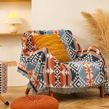 Imagem de CLOTHKNOW Cobertores Boho para cama asteca, reversível, azul, marrom, sudoeste, cobertores para sofá, casa, exterior, praia, barraca, viagem, acampamento, 153 x 213 cm