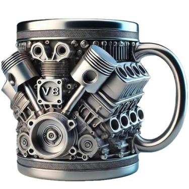 Imagem de GianiaChi Caneca de café com motor V8 2026 - design retrô com isolamento de parede dupla de aço inoxidável | Presente para entusiastas de carros, mecânicos, pai | Dia dos Pais (prata)