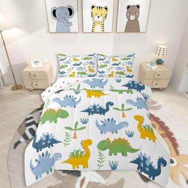 Imagem de jejeloiu Conjunto de edredom infantil de dinossauro, fofo, colorido, dinossauro, selva, para quarto de crianças, meninos, meninas, decoração de animais selvagens, microfibra, ultramacia e respirável
