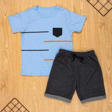 Imagem de Conjunto curto infantil 2 ao 10  algodão bolsinho azul claro - Loja Er