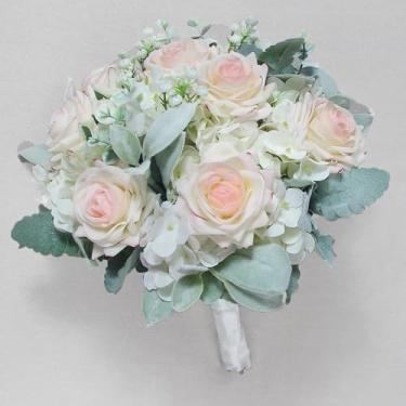 Imagem de Rinlong Buquês de casamento branco e rosa de 26 cm para noivas, buquês artificiais de flores de seda