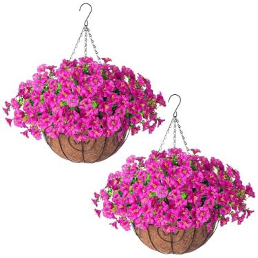 Imagem de Conjunto de 2 cestas de flores artificiais para pendurar plantas falsas para decoração de varanda de primavera, 24 peças de eucalipto de seda sintética resistente a UV com 2 vasos pendurados realistas