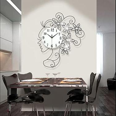 Imagem de AkosOL Relógio de parede artístico avatar feminino, relógio de decoração de metal moderno, algarismos arábicos mudo sem tique-taque moderno relógio de decoração de quartzo, decoração preta